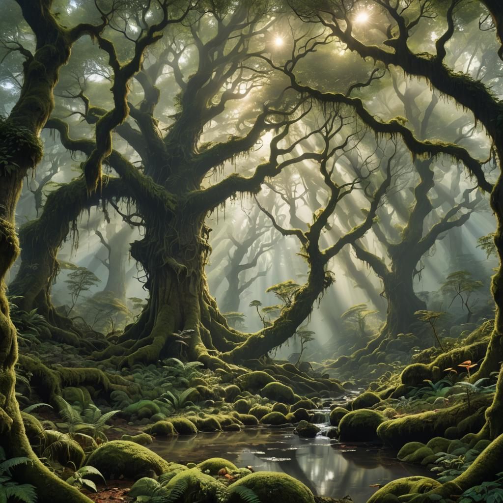 Picture a dense forest shrouded in mist, with towering ancie...