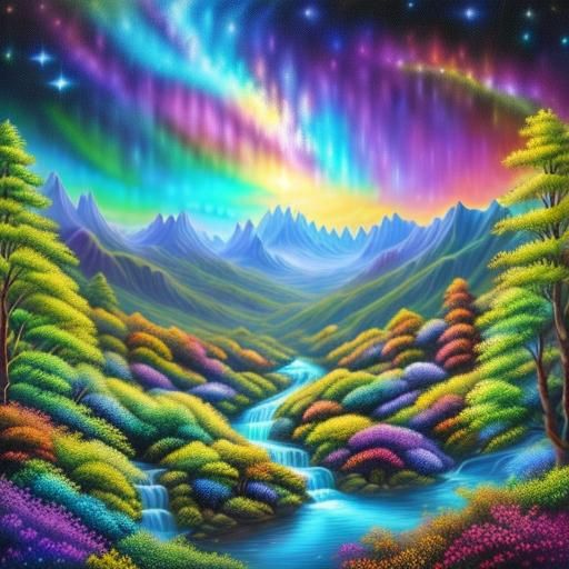 A galactic waterfall mountainscape <lora:Vibrant Landscapes:1.0> with a colorful forest
