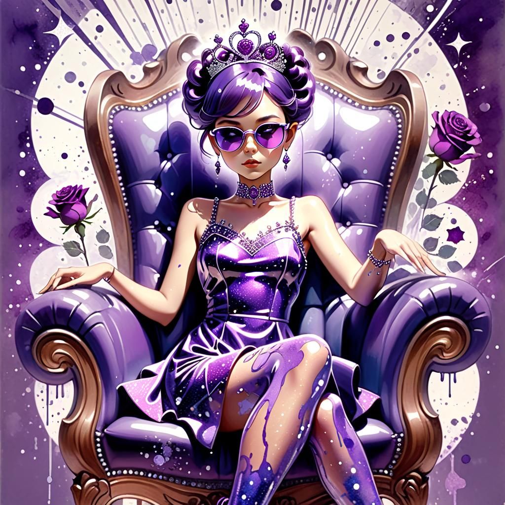 A medium shot of a gorgeous woman in a sparkly vintage purpl...
