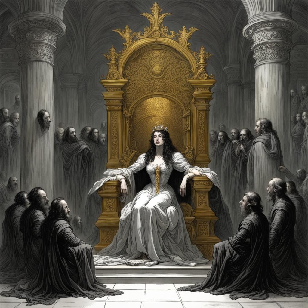 the queen of flies sits on a throne, and at her feet there i...