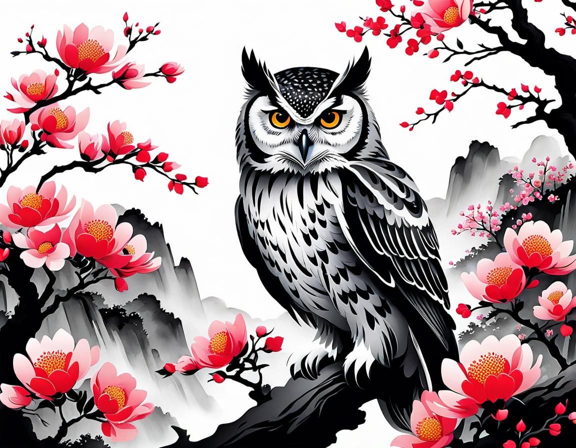 chinese ink paiting style, owl in a flowery garden, springti...