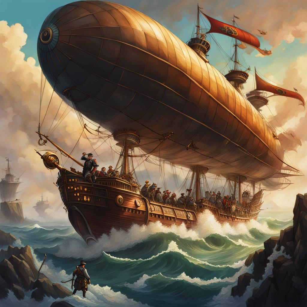 A captain and a crew of an airship fighting sky pirates