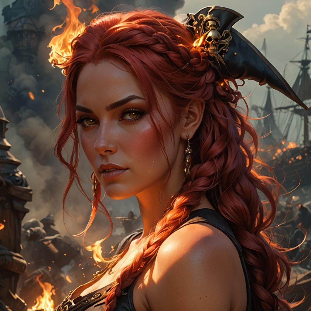 High Fantasy epic beautiful pyromancer pirate, red braided hair, evil ...