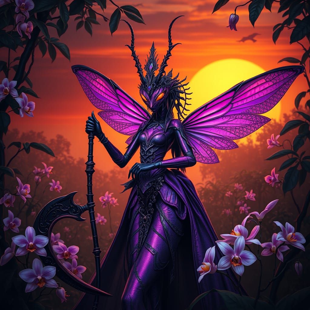 Beautiful Flower-Mantis Queen, violet and black metallic iridescent shimmering lacquered armor, filigree ...  by @LilacVenom