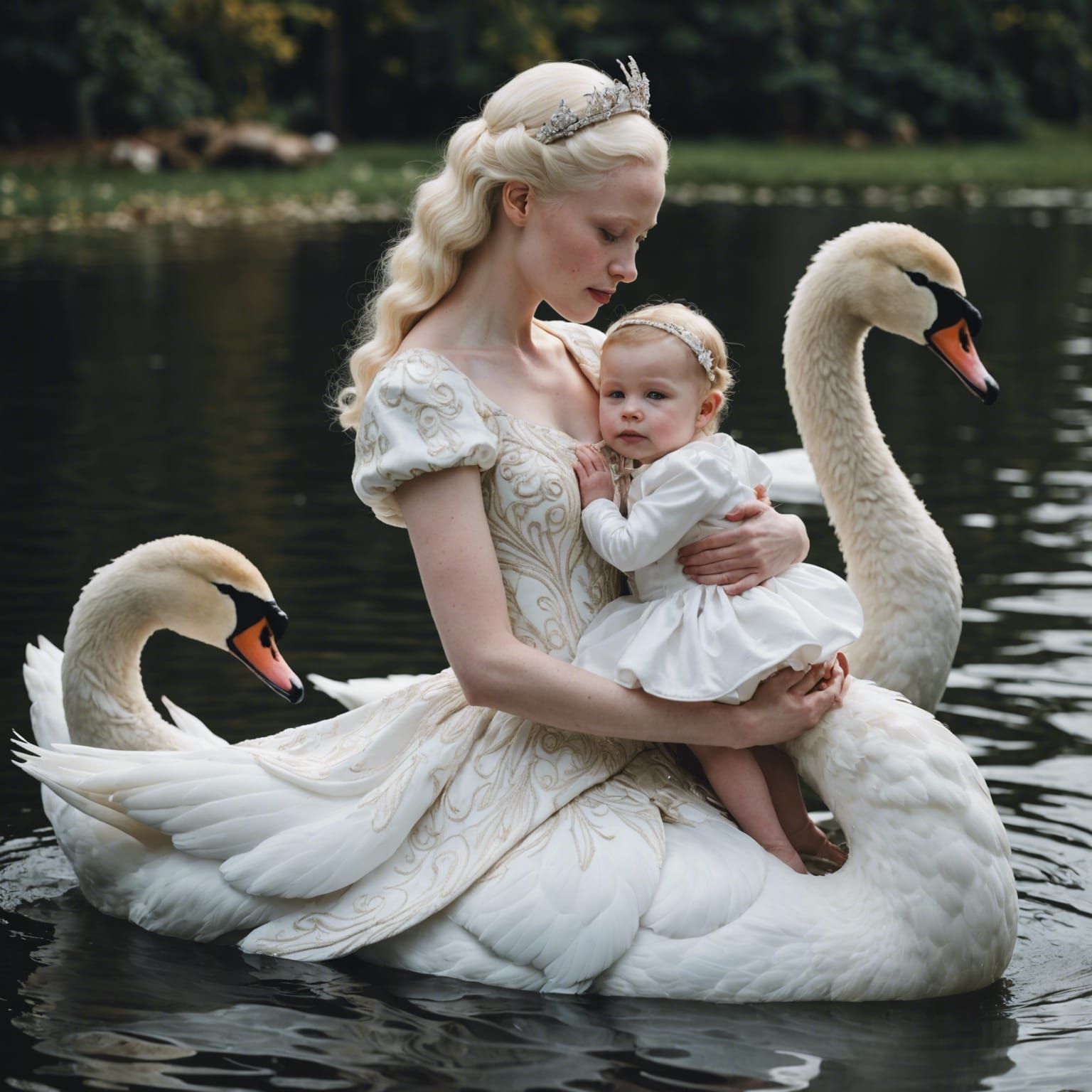 A young albino princess hugging her daughter in a swan dress...