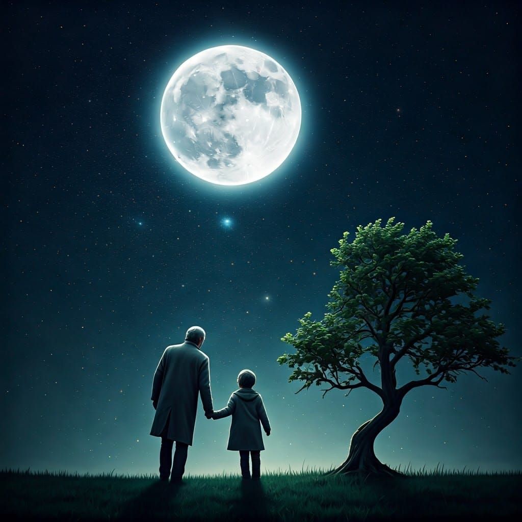 Moonlit Wonder: A Surreal Scene of Father and Son