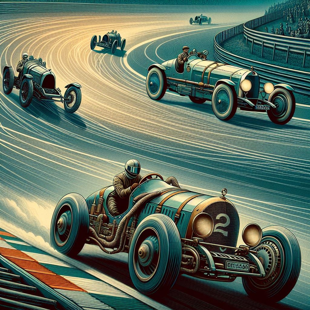 Full shot long shot wide shot digital art of a 1929 Mercedes-Benz SSK with a driver driving along a Grand ...  by @Joel S