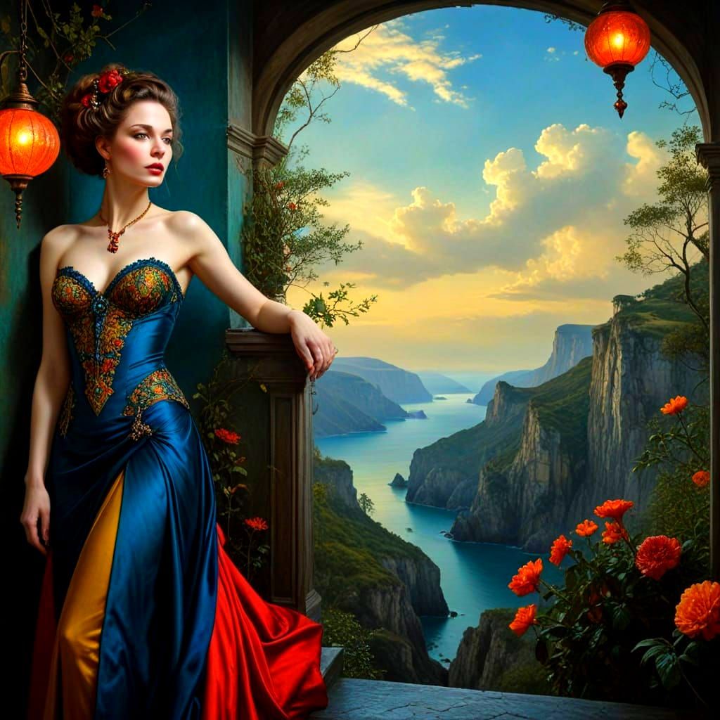 Surreal Portrait of an Enigmatic Lady in a Dramatic Backgrou...