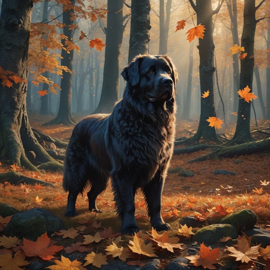 autumn Newfoundland dog maple leaf with falling leaves