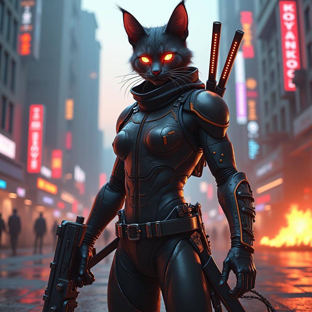 futuristic cat warrior holding a gun in one hand and a shield in the other.  two katanas on its back. a burning fururistic city skyline it i...