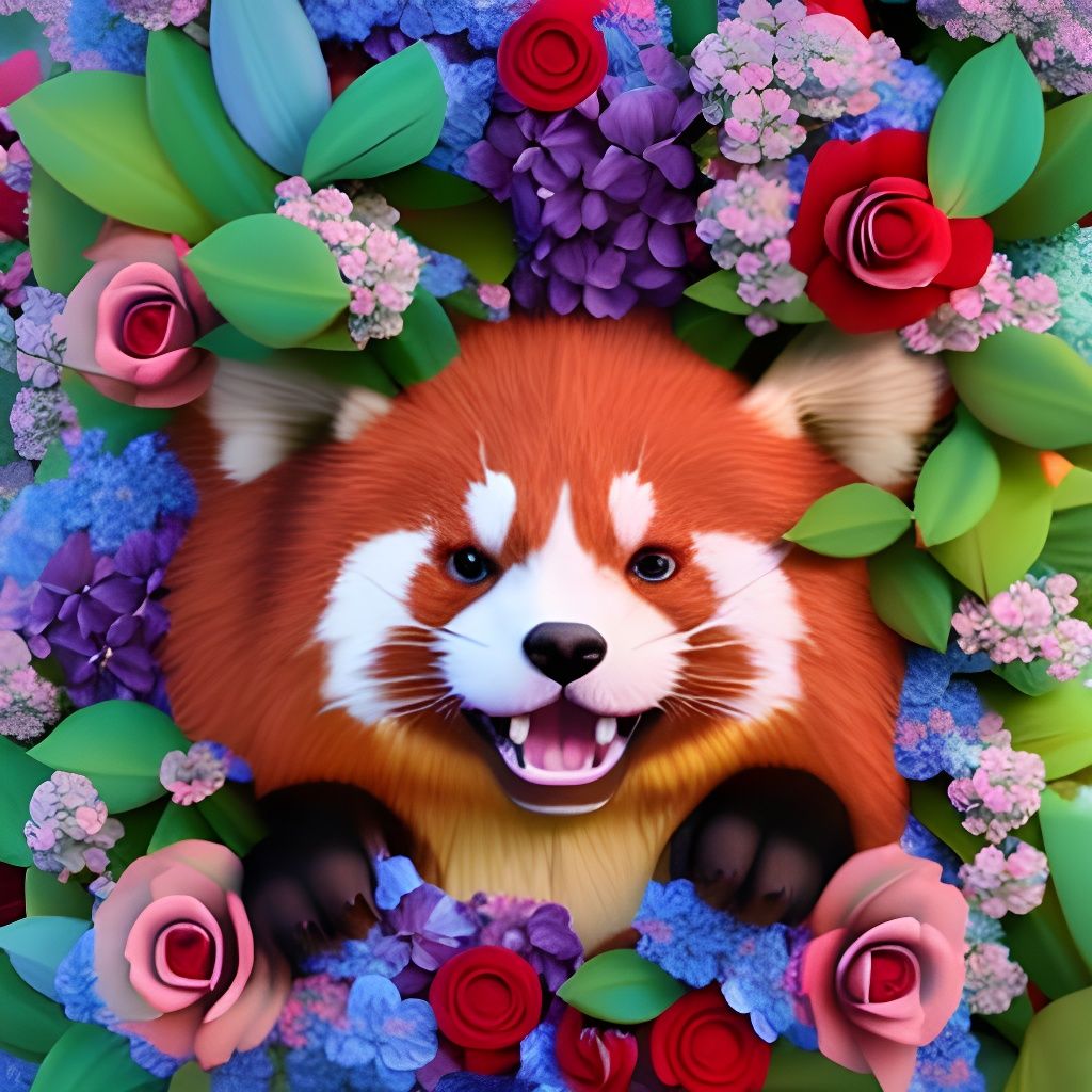 Happy Red Panda and Flowers