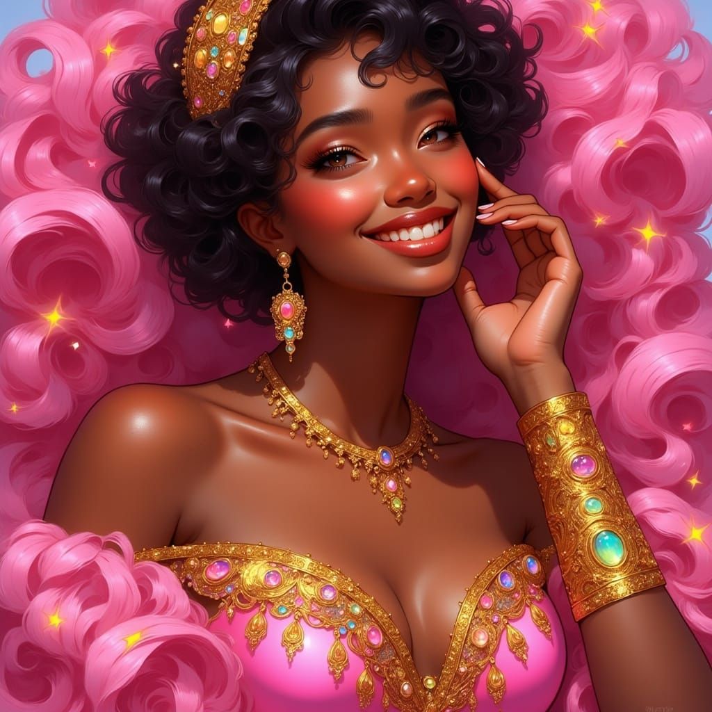 Regal African Woman in Vibrant Pink and Gold Evening Gown