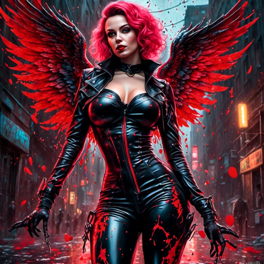 <lora:Boudoir Glamor:1.0> Voluptuous tattooed Gothic angel wearing black latex catsuit with red accent, red knee high boots. Hyperrealistic,...