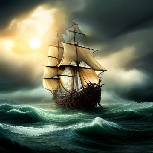 A galleon ship sailing through a storm - AI Generated Artwork ...