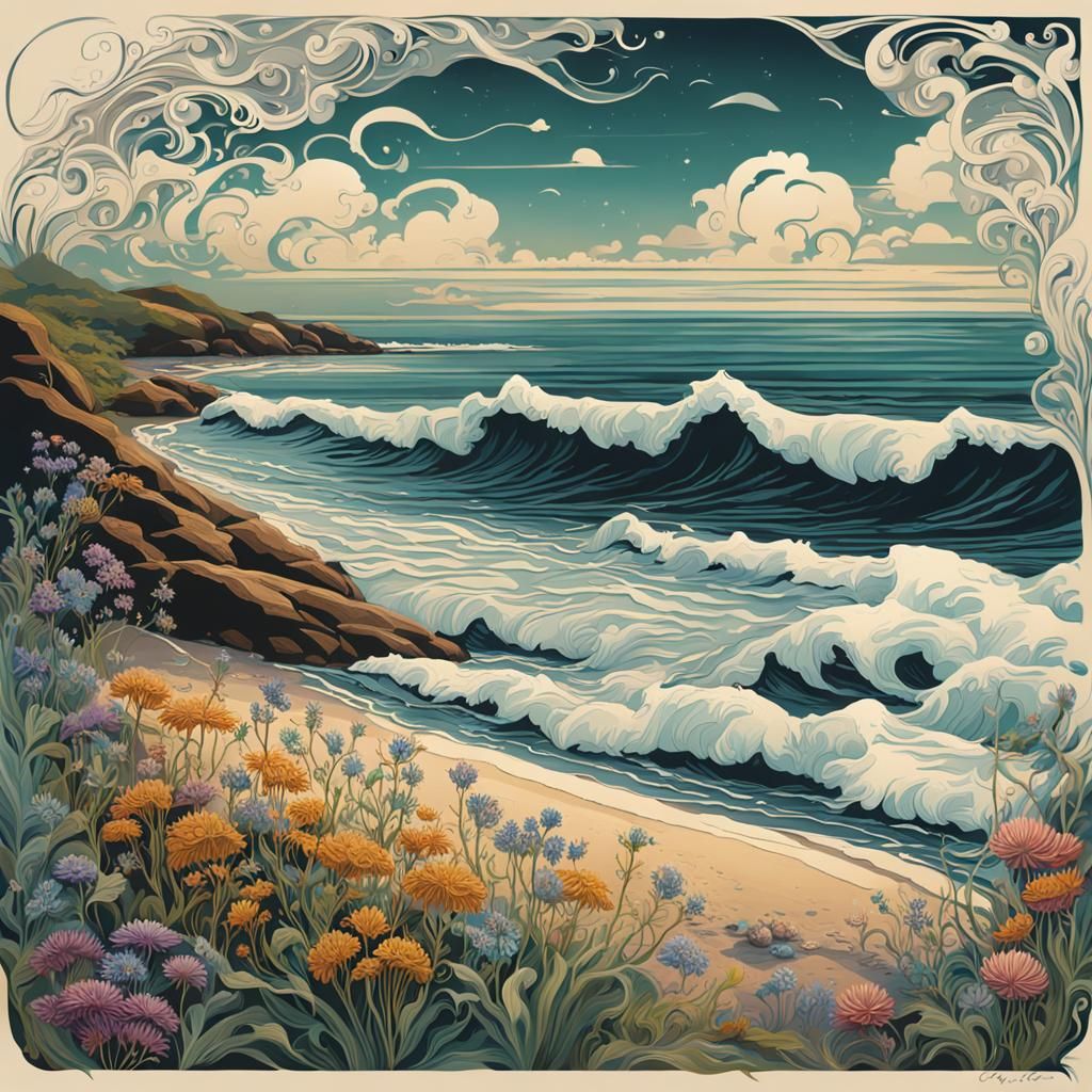 Art nouveau ocean waves on a beach, sea plants and wildflowe...