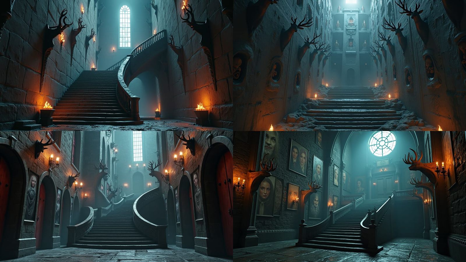 many portraits on the walls, in a big castle, darkness and e...