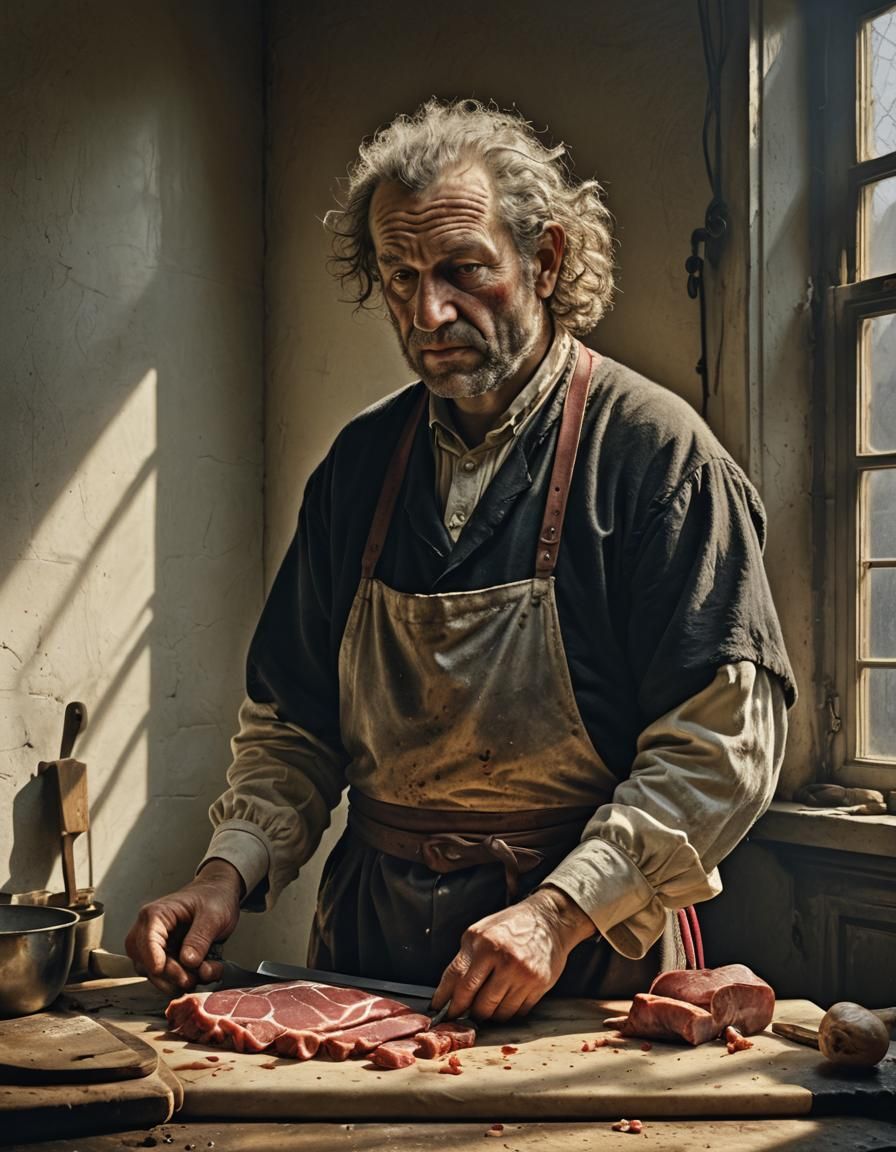 Photorealistic, Rembrandt light, ultra sharp, slaughterhouse...