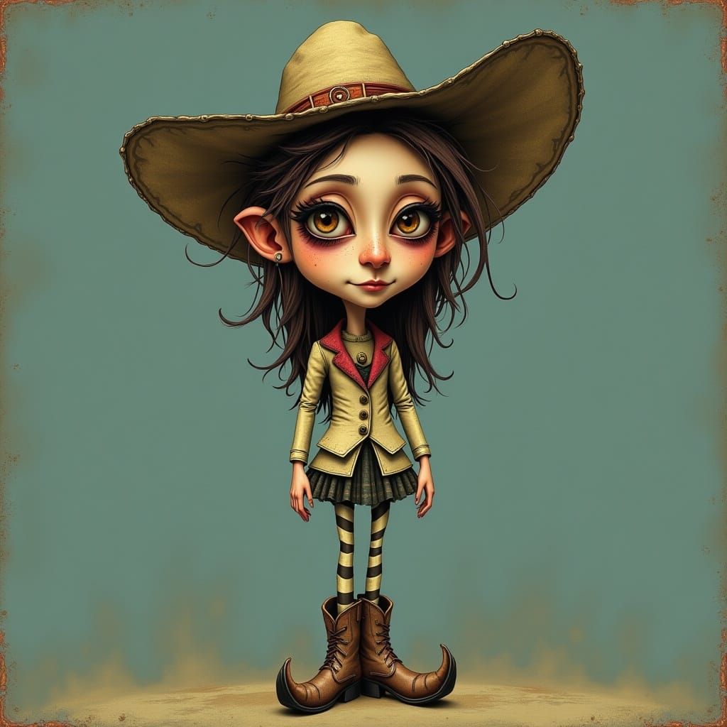 <lora:Quirk On A Whim:1.0> quirky, whimsical nicolette cessoli character, elongated legs, quirky cowboy boots