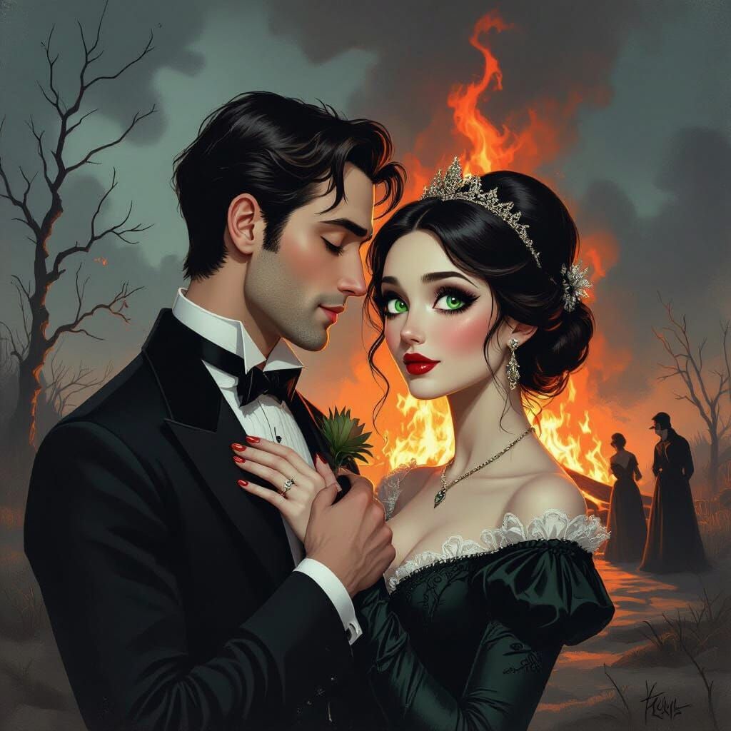 A happy couple, he kisses her hand, she has big green eyes, behind them there is a background of a fire and people crying, gothic vibe, Tim ...