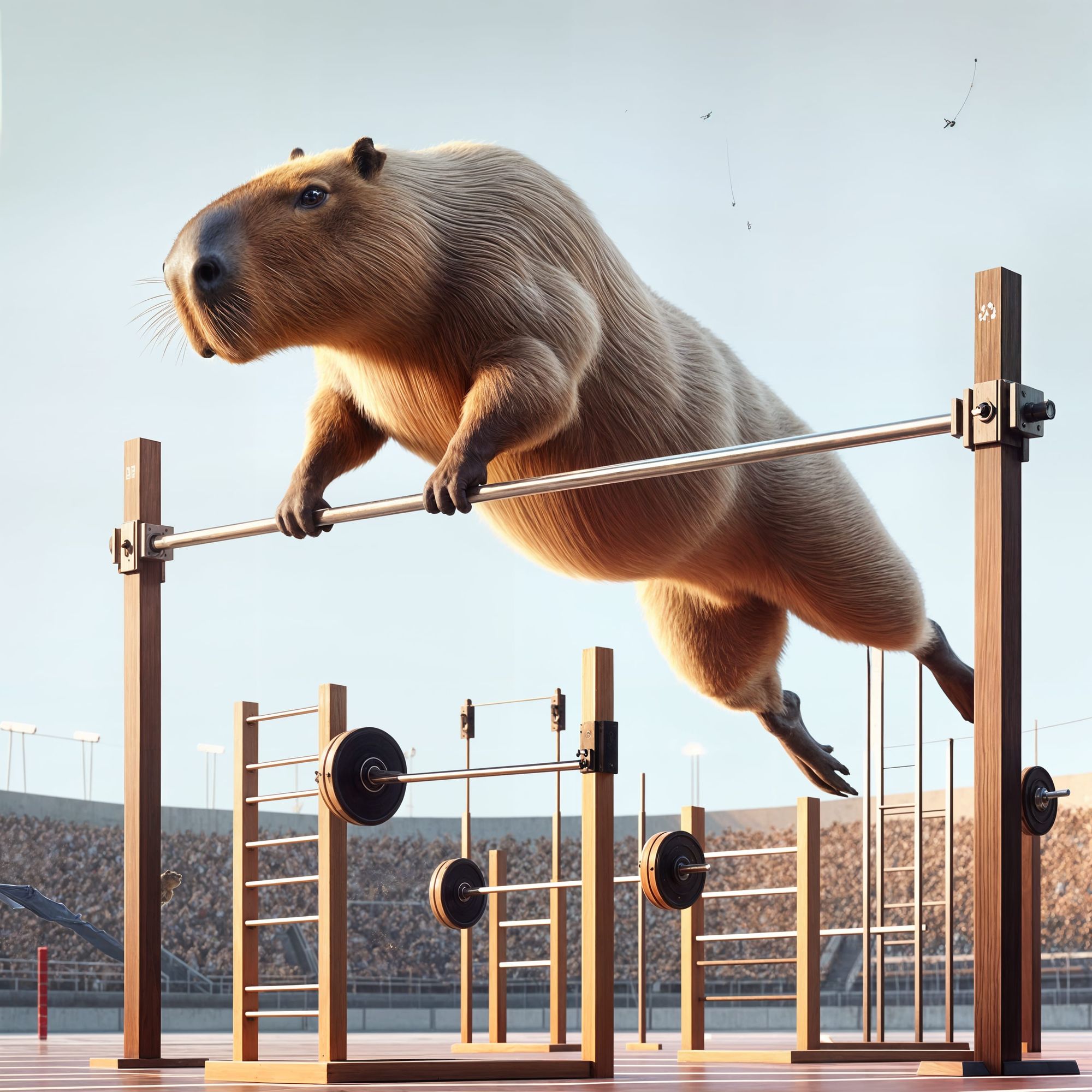 Capybara doing pull-ups on the horizontal bar while participating in sports competitions
