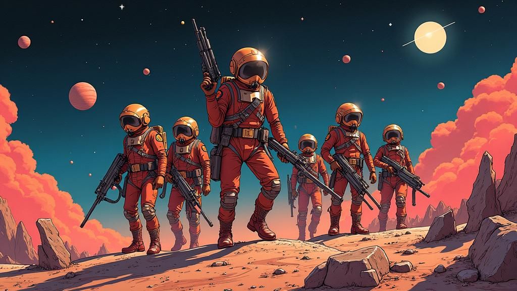 rag tag group of space rebels, coming from a baroque alien space empire, Classic 1980s Anime, Manga, 1980s Video Game Art