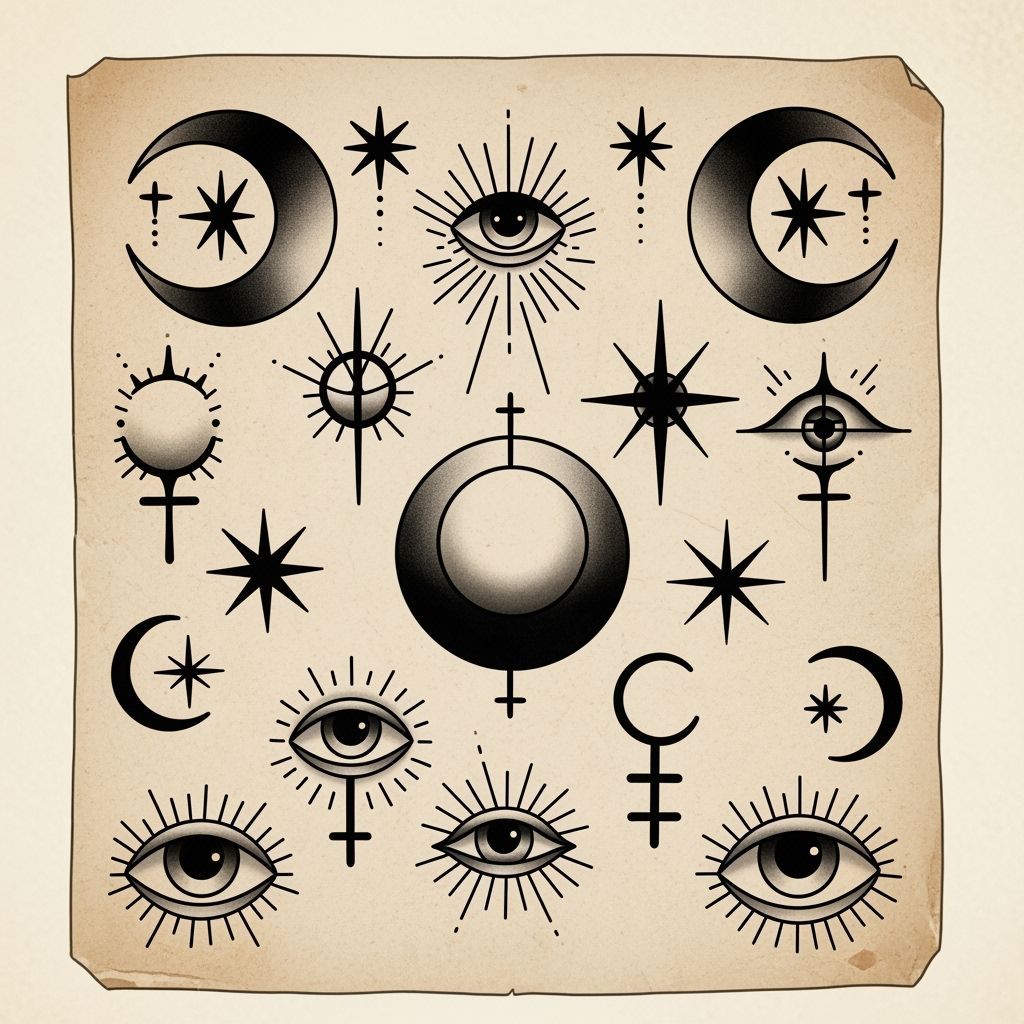 a traditional flash tattoo sheet featuring a collection of mystical symbols, including crescent moons, stars, and eyes, rendered in bold bla...