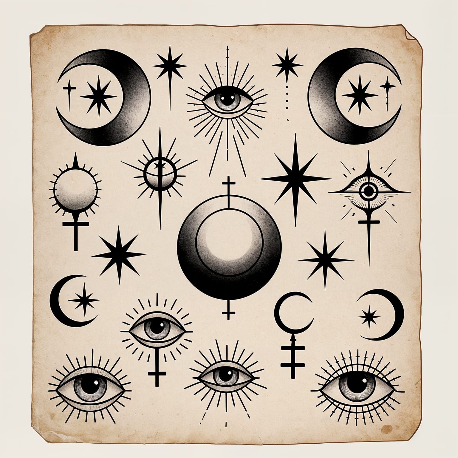 a traditional flash tattoo sheet featuring a collection of mystical symbols, including crescent moons, ...  by @Stephanie 