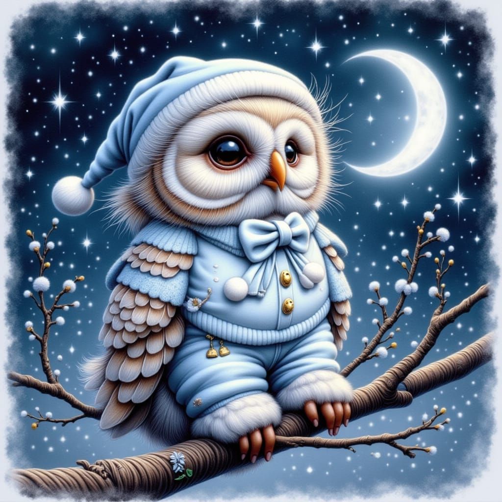 watercolor and alcohol ink scene of a sweet cute adorable baby owl wearing a light blue sleeping cap and light blue pajamas. The owl is perc...