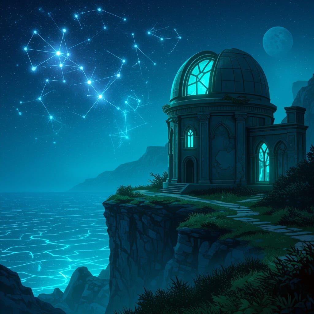 An abandoned, overgrown observatory perched on a cliff overlooking a bioluminescent ocean. Strange, alien constellations are visible through...