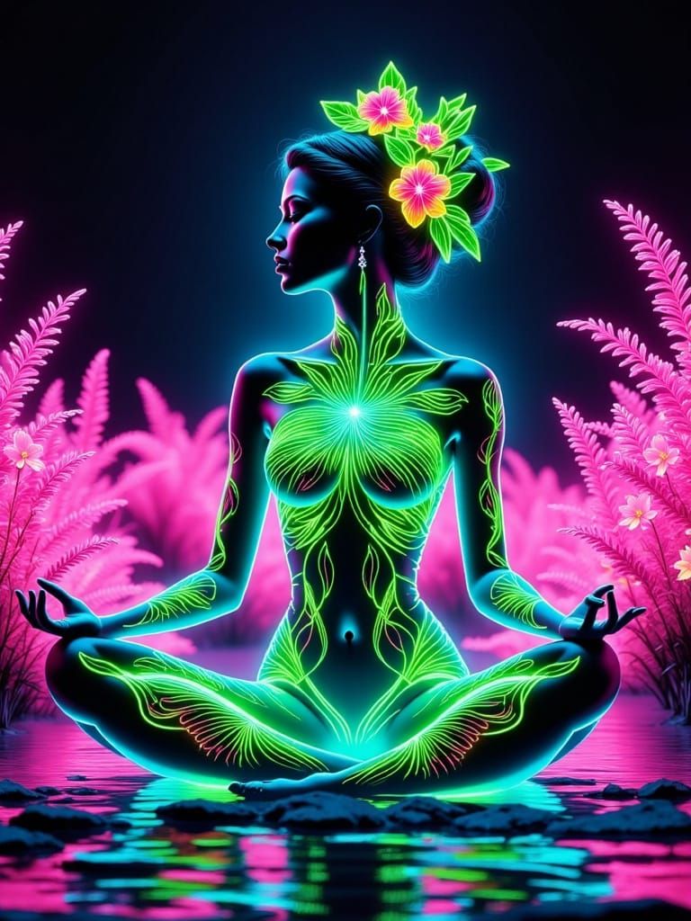 Meditating Woman with Neon Flora in Ethereal Style
