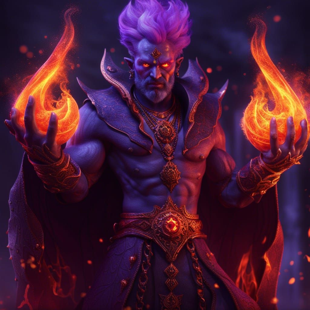 Evil male fire genie. Glowing purple eyes. 