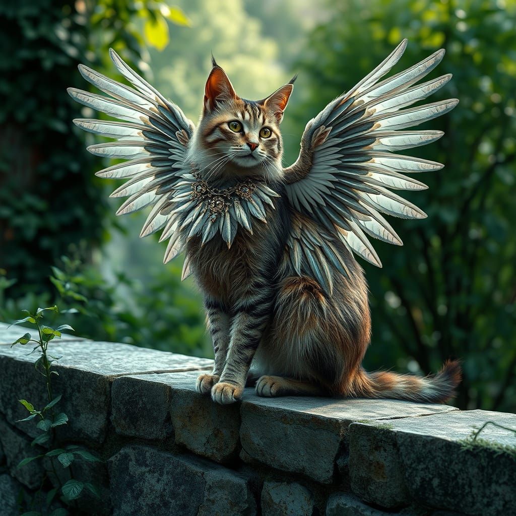 a beautiful winged cat sitting on a stone wall, photo-realistic with cinematic lighting
