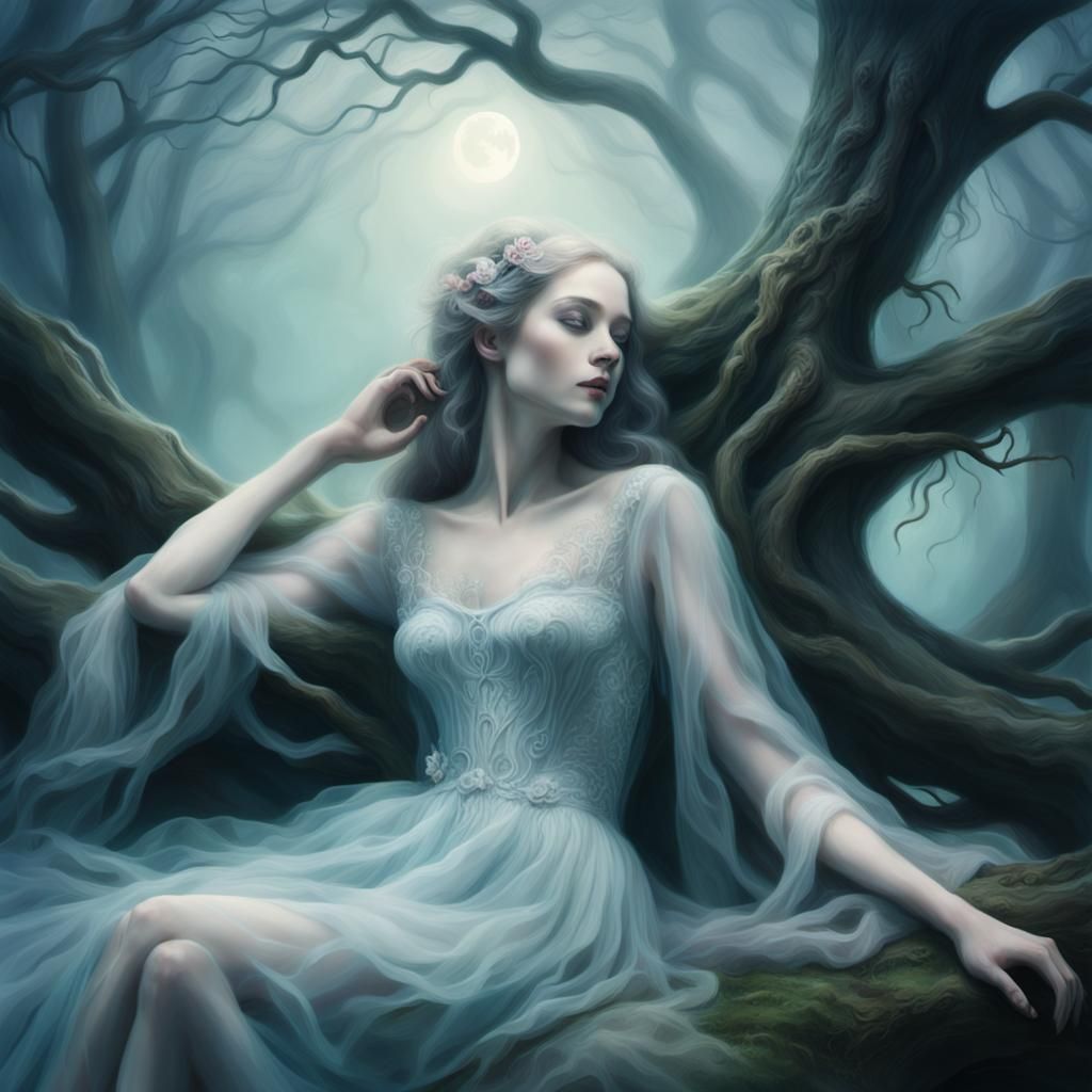 a woman with a pale complexion and a transparent dress, lyin...