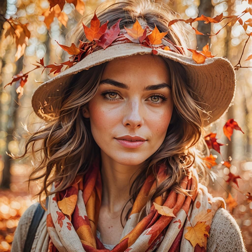 A beautiful young woman walking through a forest of vibrant ...