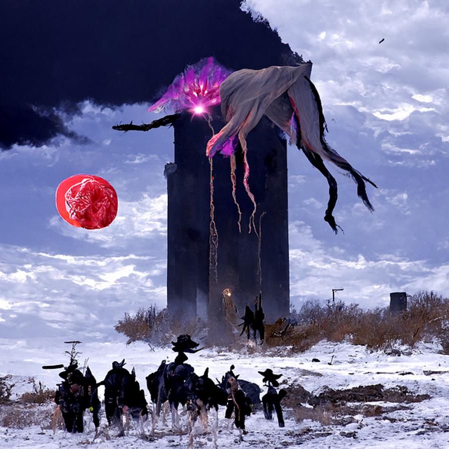Eldritch Warlocks casting spells by a monolith in a wastelan...