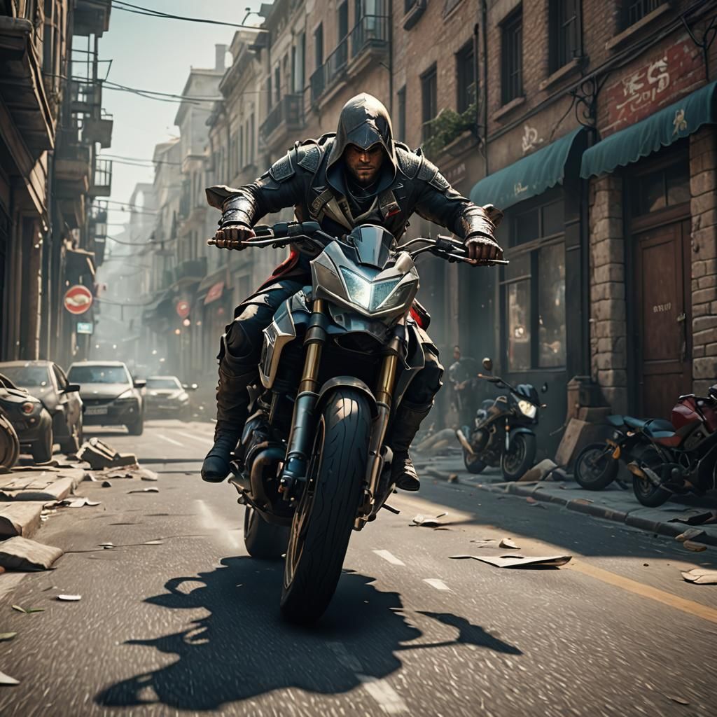 Assassin's Creed 2025 on a motorcycle. photography, photorealistic modern, art of, Beeple, in the style of, Artstation Deviant art, natural...