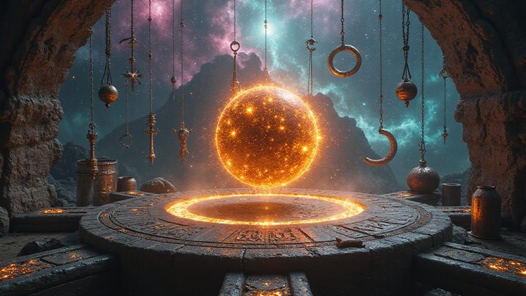 _A photorealistic, hyperrealistic depiction of a celestial blacksmith's workshop suspended in the depths of space, surrounded by vast swirli...