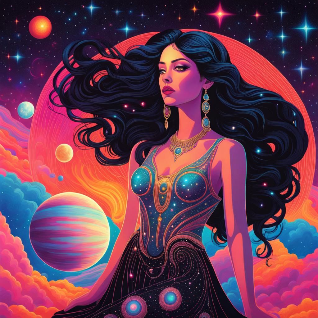 Psychedelic celestial goddess with Saturn in the background,...