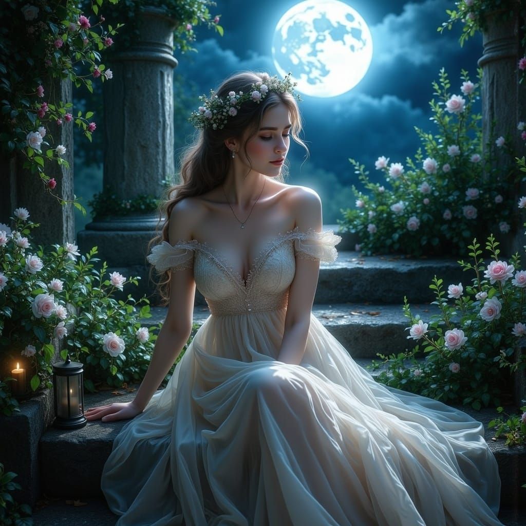 A hyperrealistic full body shot of a beautiful princess sitting on a bench contemplating something in a moonlit garden in the style of <lora...