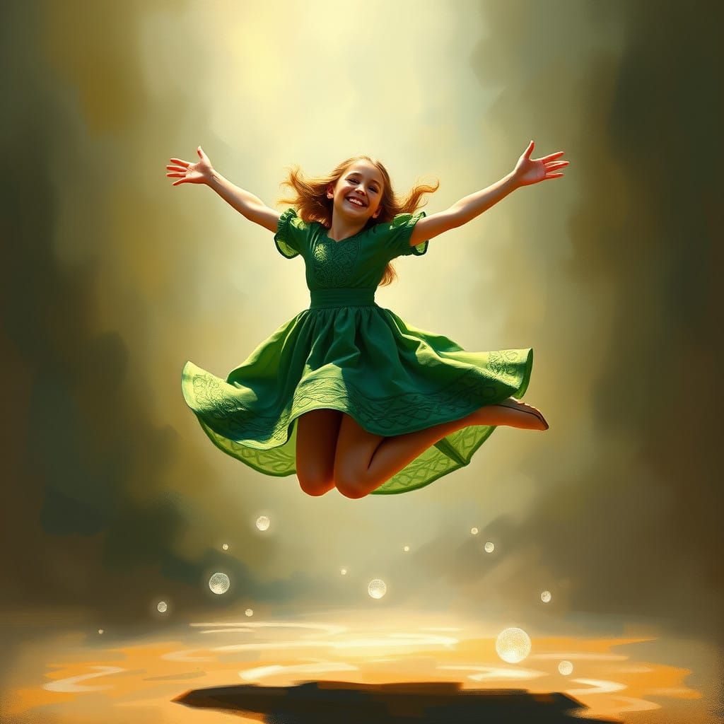 Irish Dancer Leaps into the Air in Whimsical Folkloric Reali...