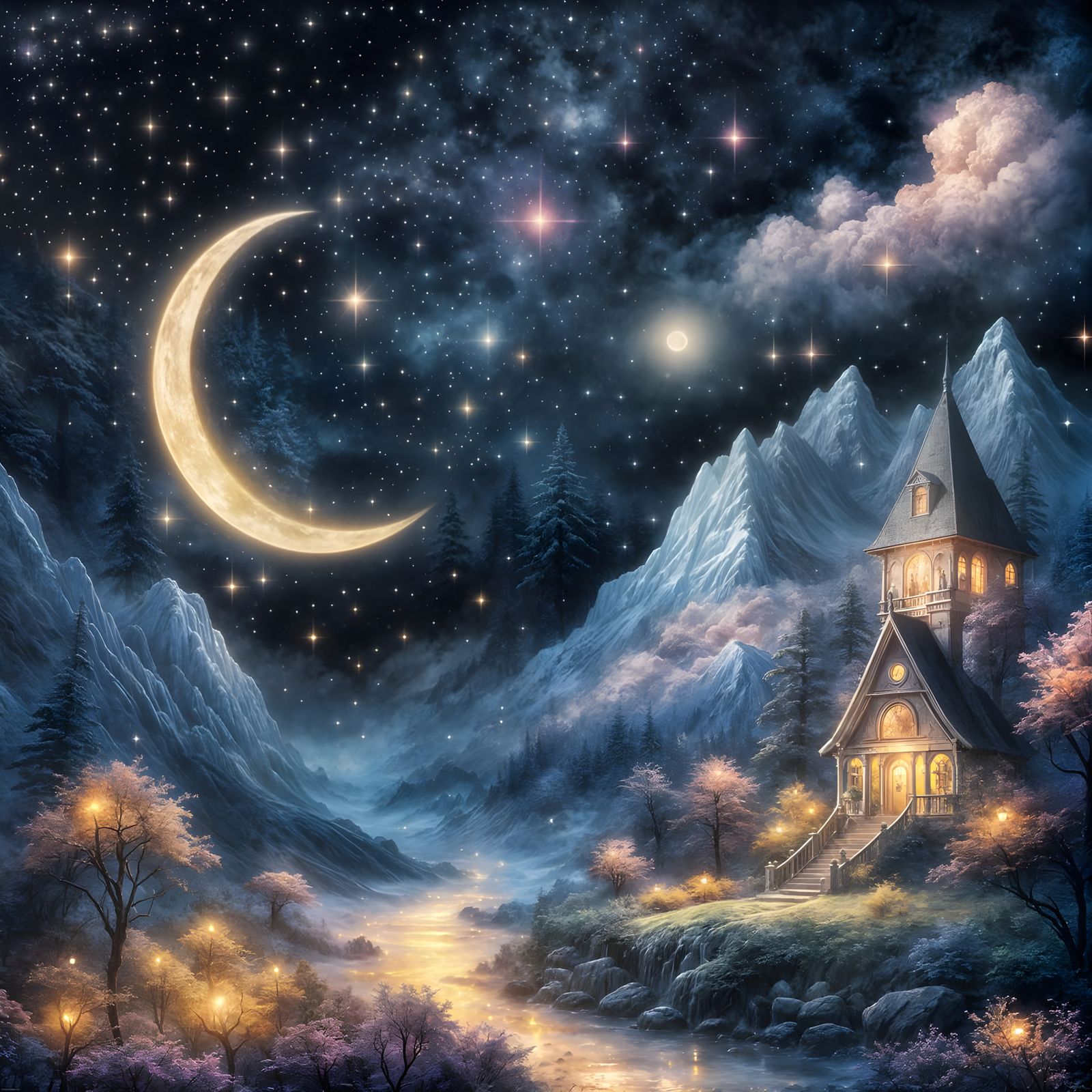 A black space with lots of bright twinkling stars, moon shining on the stars. High resolution.   by @Irene