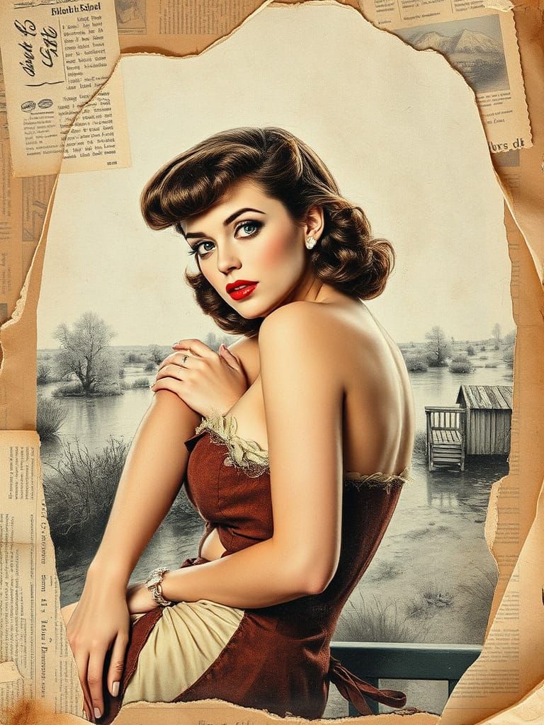 a vintage damaged gelliplate, bleak print of a collage of torn-off  fragments from vintage magazine pages, ...  by @BuddyD