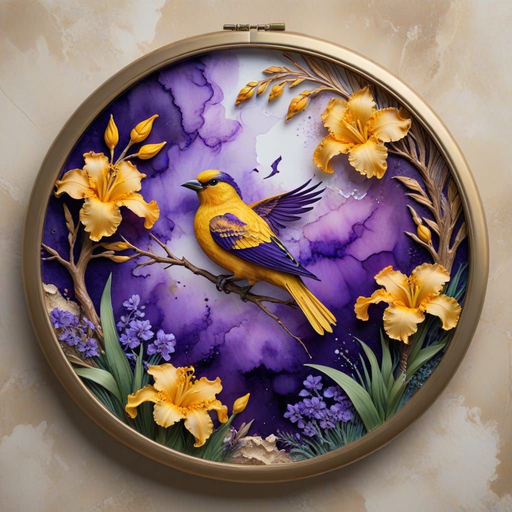  alcohol ink art blue tint, Circular design of clouds, yellow Iris flowers, and a tree with a purple bird. Surrounded by a gold frame on a b...