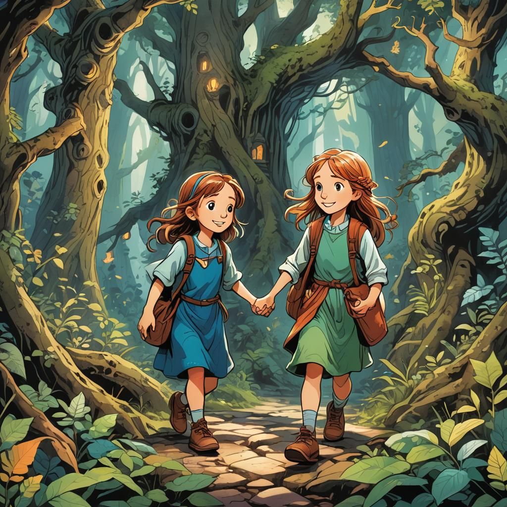 A  color of lively illustrations of siblings discovering magical forests, old ruins, or enchanted lands, ...  by @Challenge