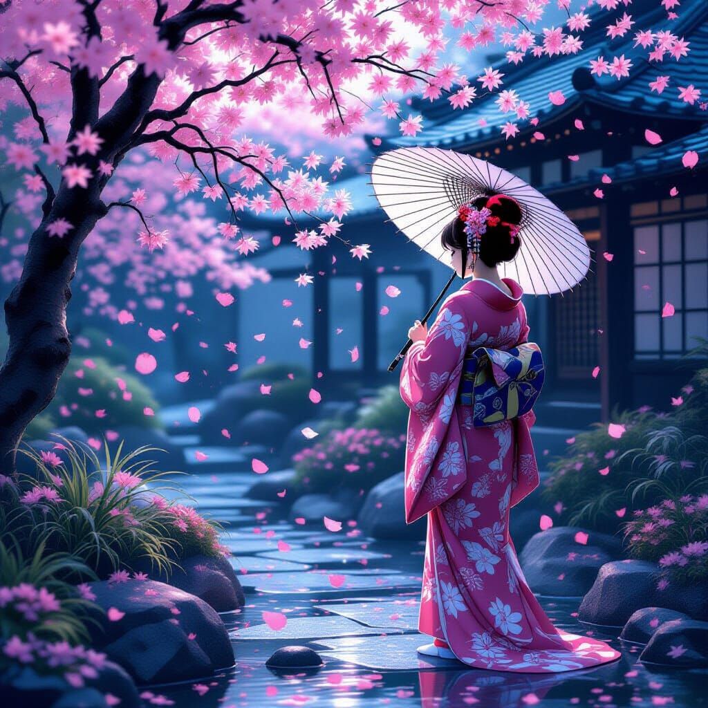 Japanese Singer in Pink Kimono Under Cherry Blossoms