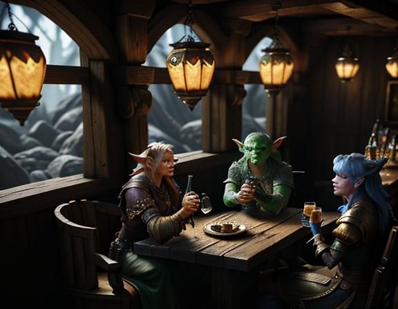 three female goblins drinking cocktails in a rustic tavern. ...