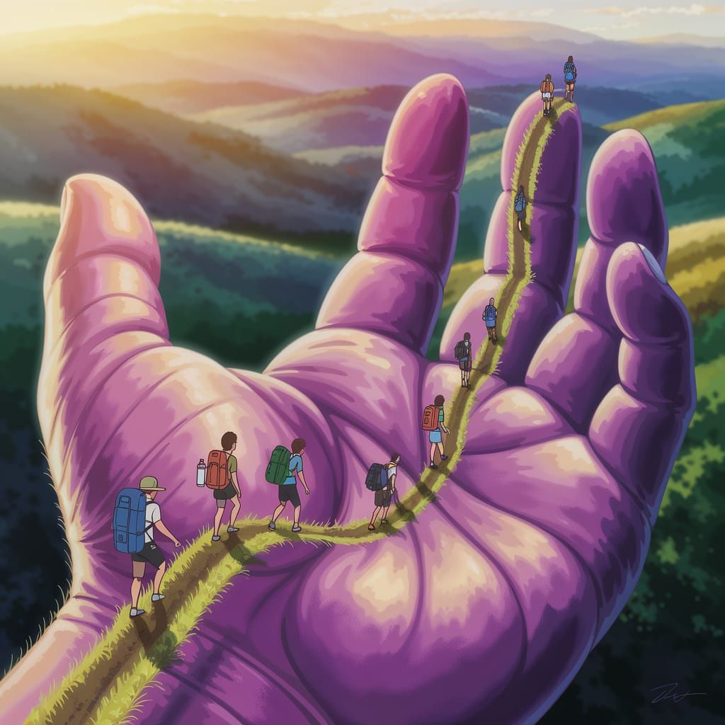Anime Hikers Discover Colossal Hand Landscape