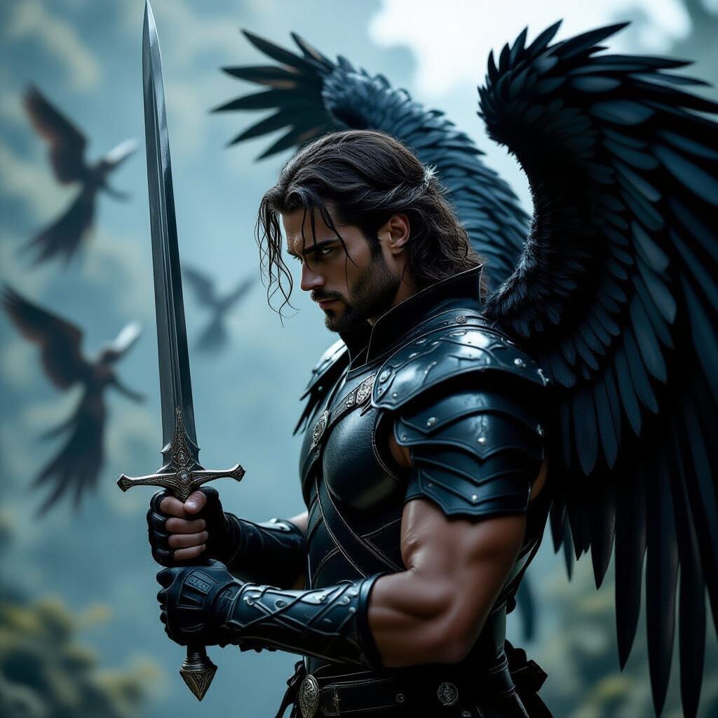 a masculine male angel with iridescent black wings tipped in iridescent silver.  in his right hand is a silver sword as he stands watches ov...