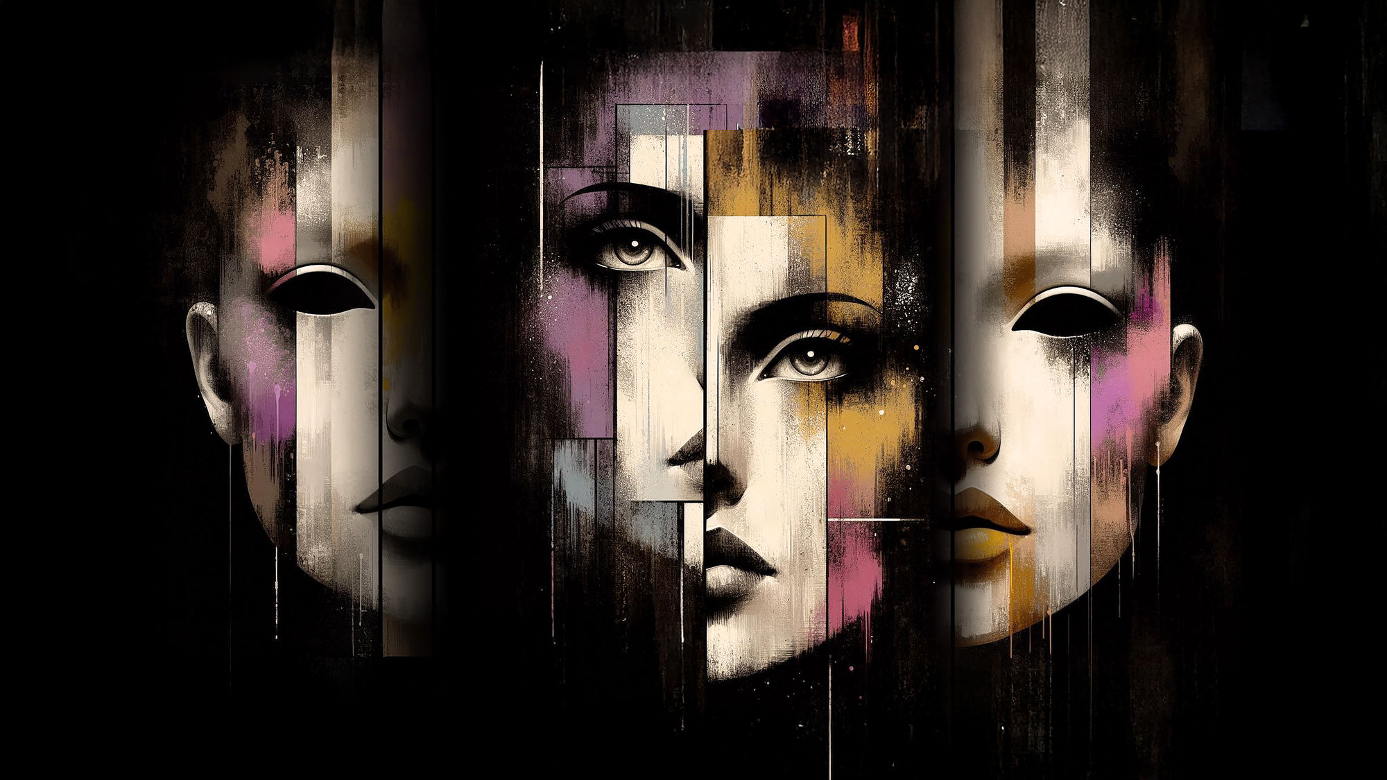 This surreal, minimal, abstract, cubist, art deco mix, painting displays two vertically divided, blended faces, juxtaposed overlayed and dev...