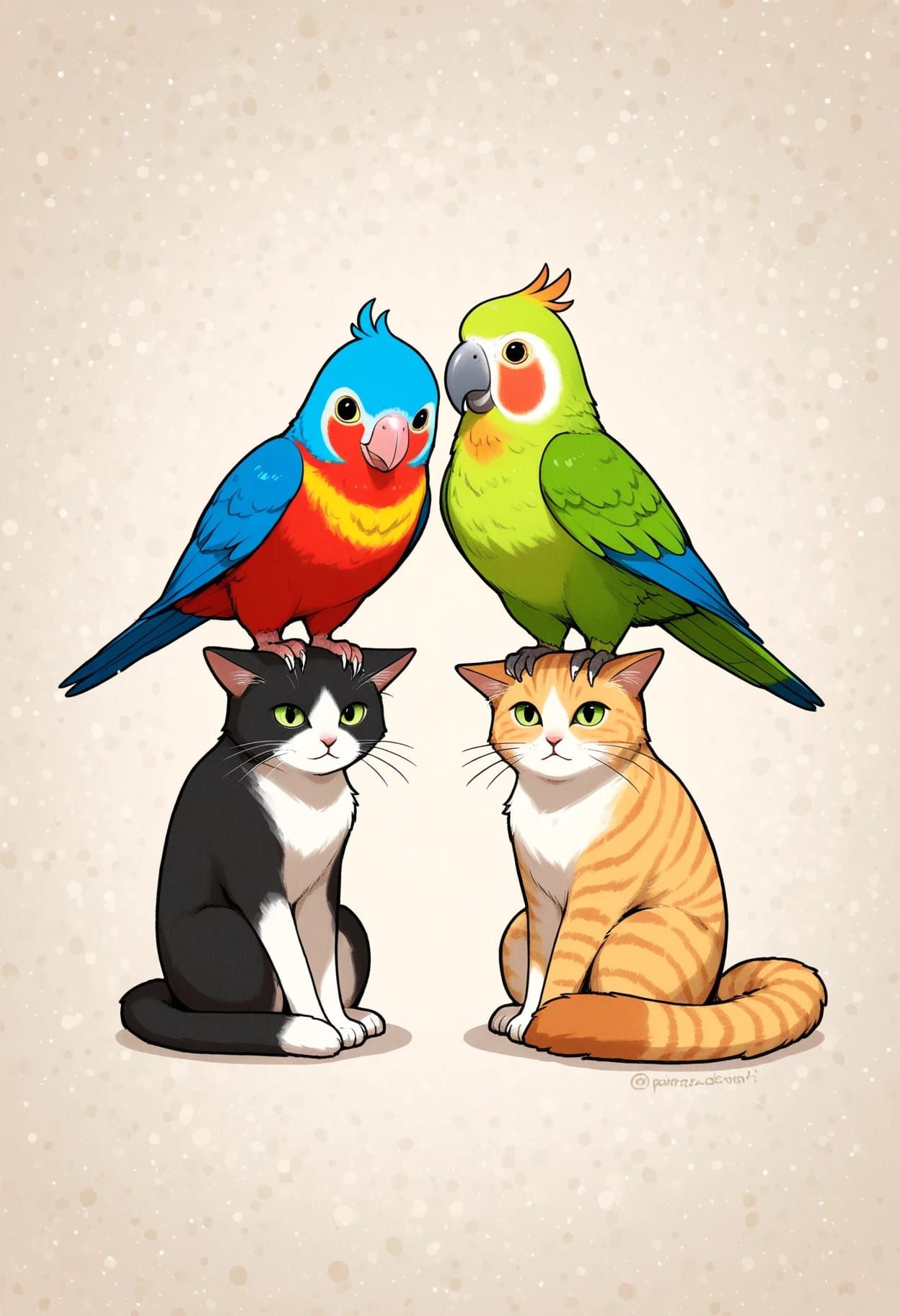 Parrots standing on cats